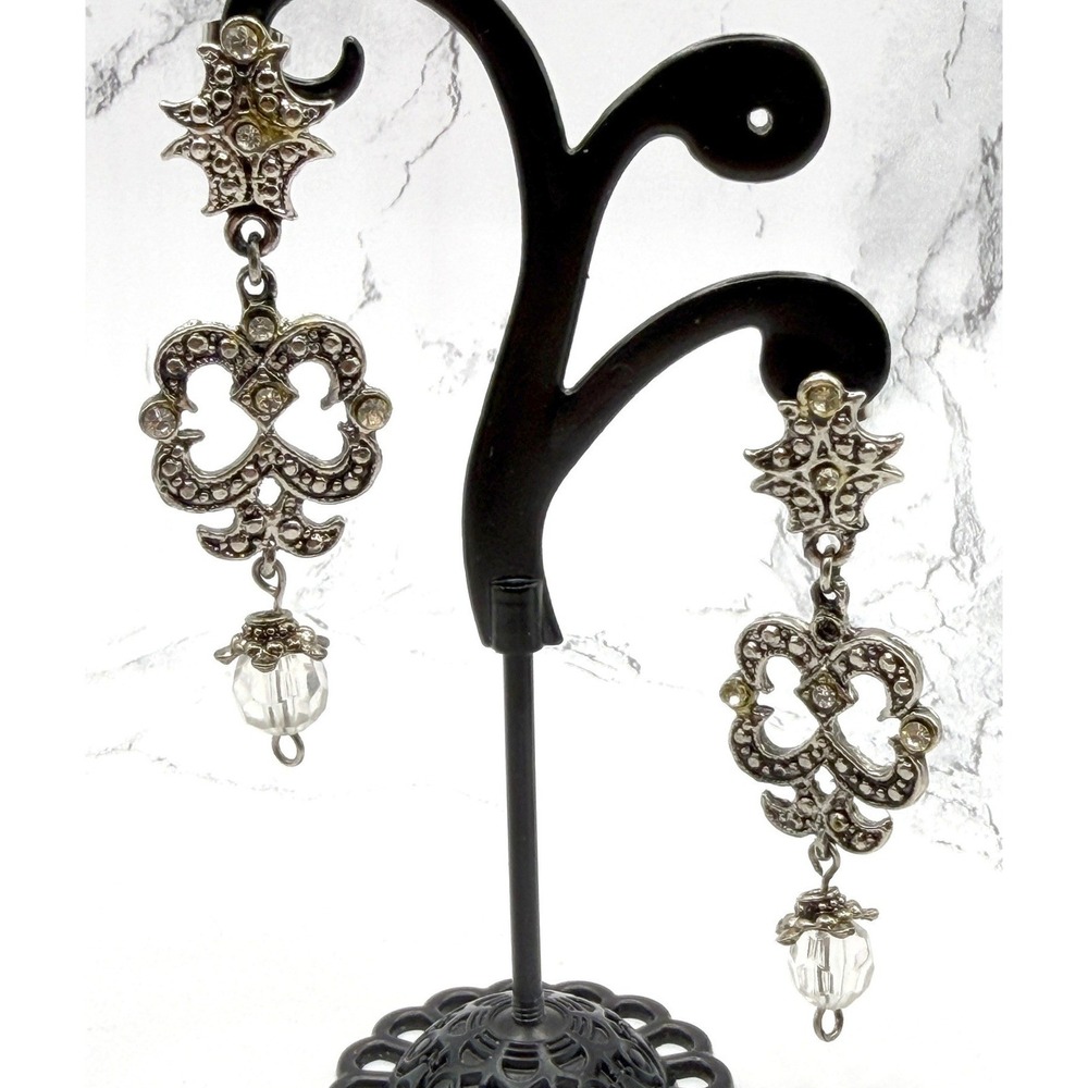 Silver Filigree Dangle Earrings Clear‎ Stone Vintage Style 2.5" Drop